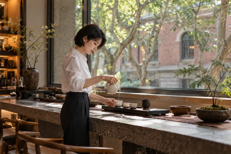 都市梧桐街区茶室内，年轻女性在白瓷茶具前倒茶的场景